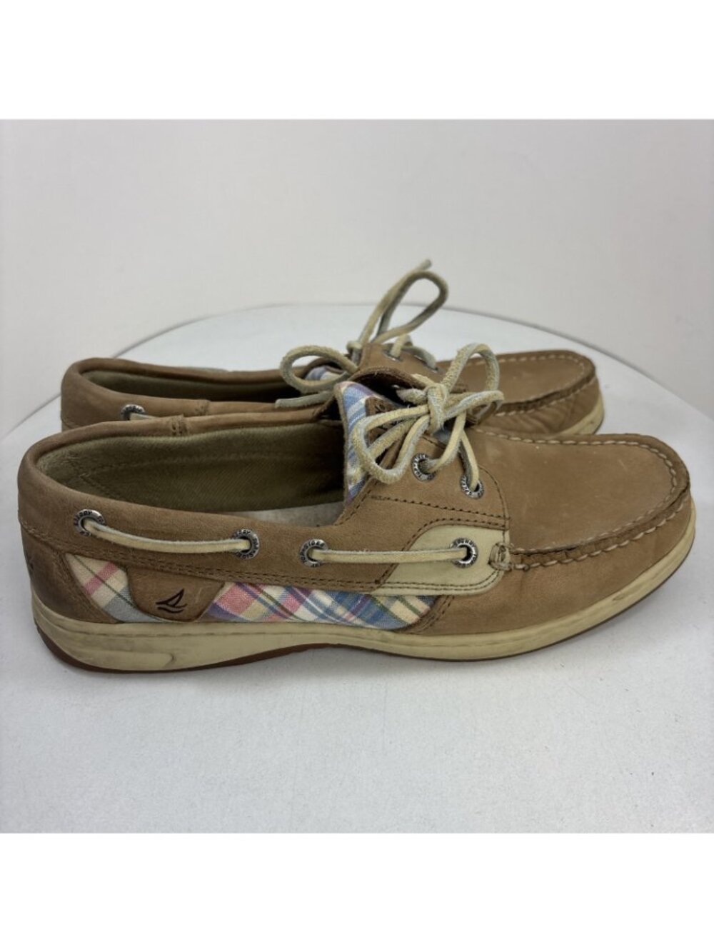 Sperry Top-sider Beige Leather Pastel Plaid Boat Shoes Size 7 - Picture 6 of 11
